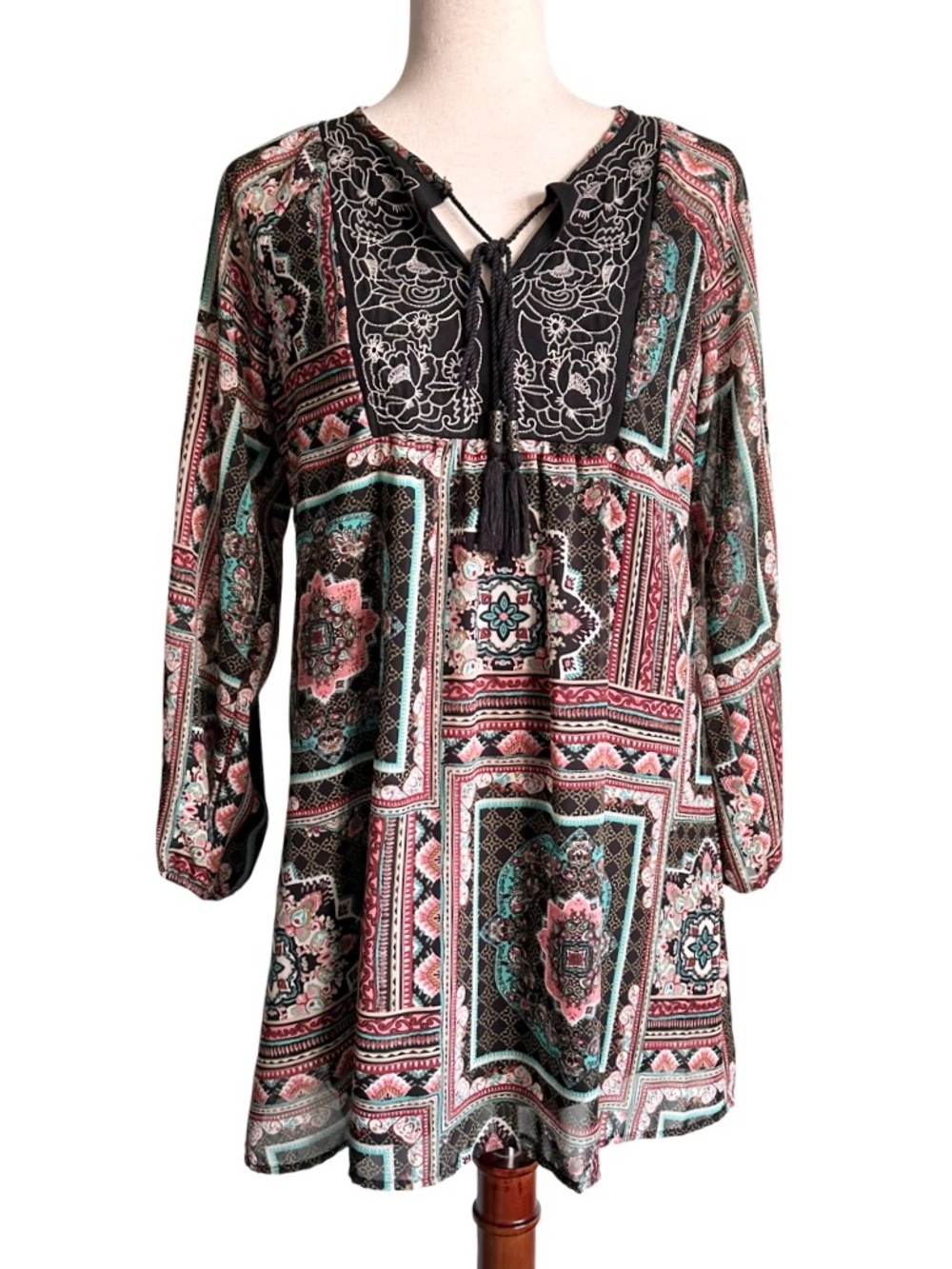 bailey blue Boho Peasant Long Sleeve Mini Tunic Dress Size Small EUC